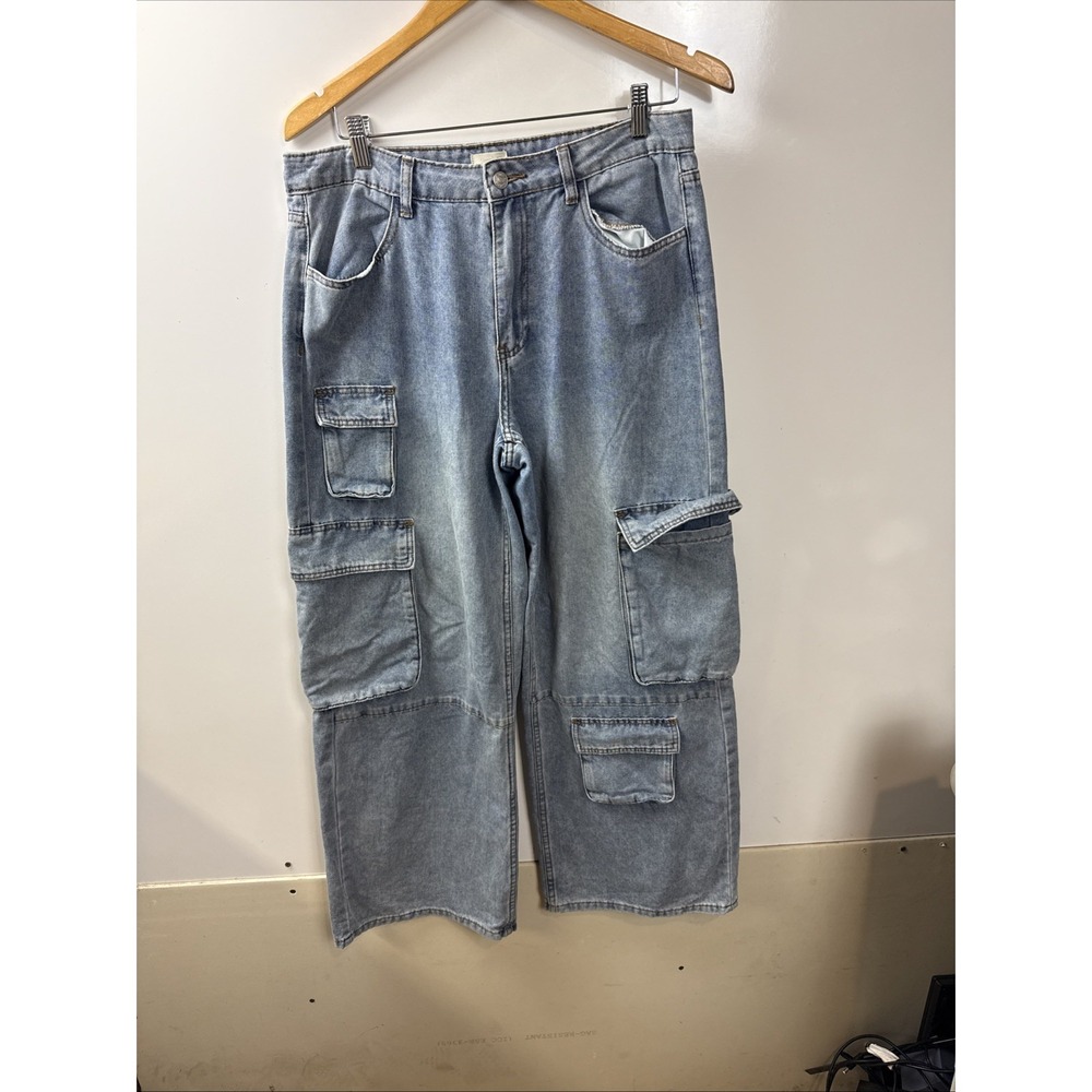 Simple Society Denim Utility Cargo Pants Women Size 9/29 Light Wash Wide Leg